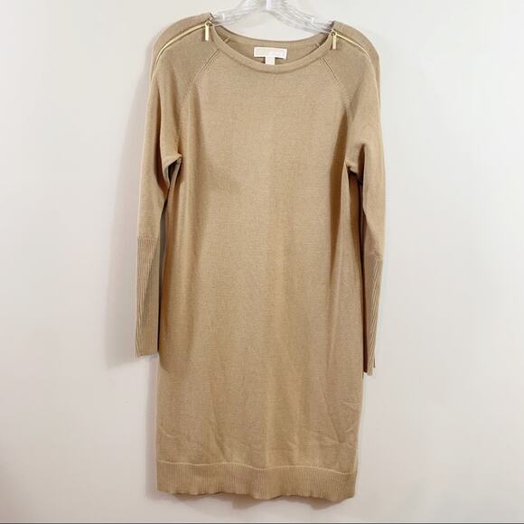 Michael Michael Kors Tan Knit Sweater Dress Gold Zipper Detail Long Sleeve - Picture 1 of 6